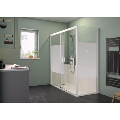 Cabine de douche d'angle complète sécurisée KINEMAGIC Access 150x90 espace douche ouvert verre dépoli 1 bande équipé mitigeur mécanique 0