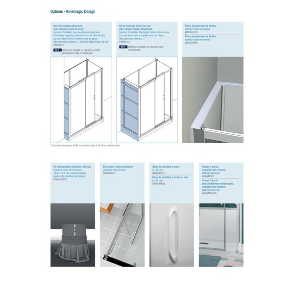 Cabine de douche en niche complète sécurisée porte pivotante KINEMAGIC Design 100x70 hauteur 2,07m, verre transparent mitigeur thermostatique 4
