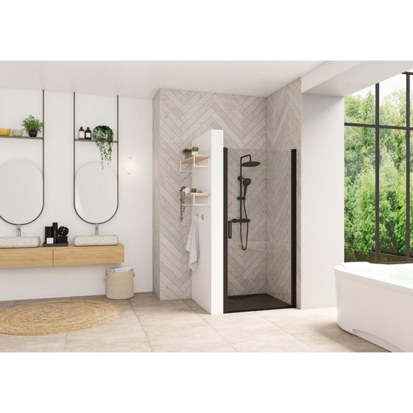 Porte de douche d'angle porte pivotante (à coupler avec paroi fixe) SMART Design largeur 75 cm hauteur 2,05m profilé noir verre transparent 0