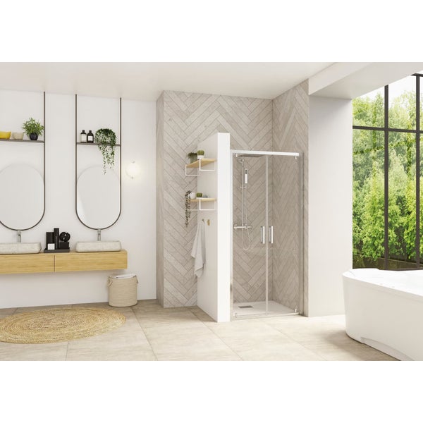 Porte de douche porte pivot. 2 vantaux SMART Design largeur 85 cm hauteur 2,05m profilé blanc verre 6mm anti calcaire transparent 0