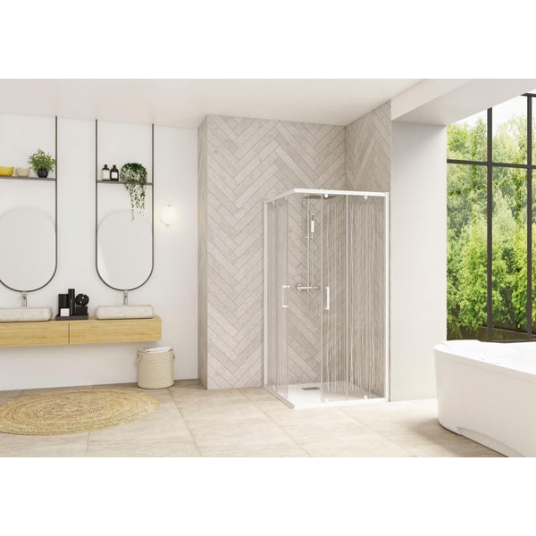 Porte de douche coulissante d'angle côté gauche (à coupler avec côté droit) SMART Design largeur 1,20m hauteur 2,05m profilé blanc bandes verticales 0