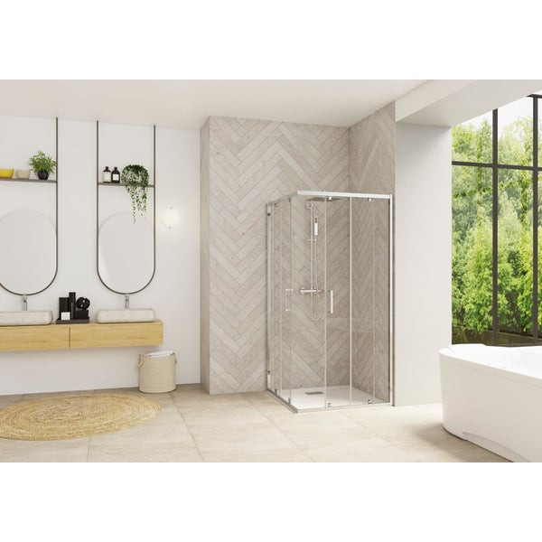 Porte de douche coulissante d'angle côté gauche (à coupler avec côté droit) SMART Design largeur 95 cm hauteur 2,05m profilé chromé verre transparent 0