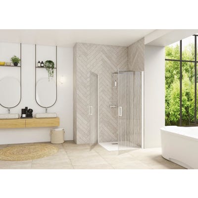 Porte de douche coulissante gauche (à coupler avec la droite) SMART Design largeur 95 cm hauteur 2,05m profilé blanc verre bandes verticales 0