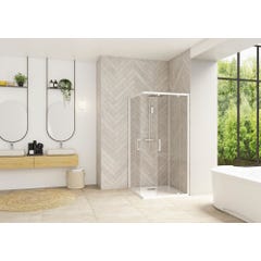 Porte de douche coulissante d'angle côté gauche (à coupler avec côté droit) SMART Design largeur 1,20m hauteur 2,05m profilé blanc verre transparent