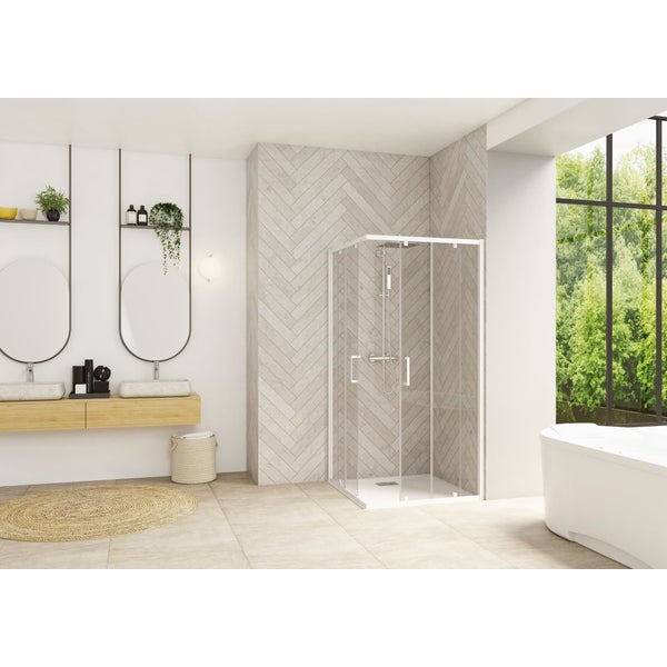 Porte de douche coulissante d'angle côté gauche (à coupler avec côté droit) SMART Design largeur 75 cm hauteur 2,05m profilé blanc verre transparent 0