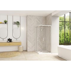 Porte de douche coulissante d'angle côté gauche (à coupler avec côté droit) SMART Design largeur 85 cm hauteur 2,05m profilé blanc bandes verticales 0