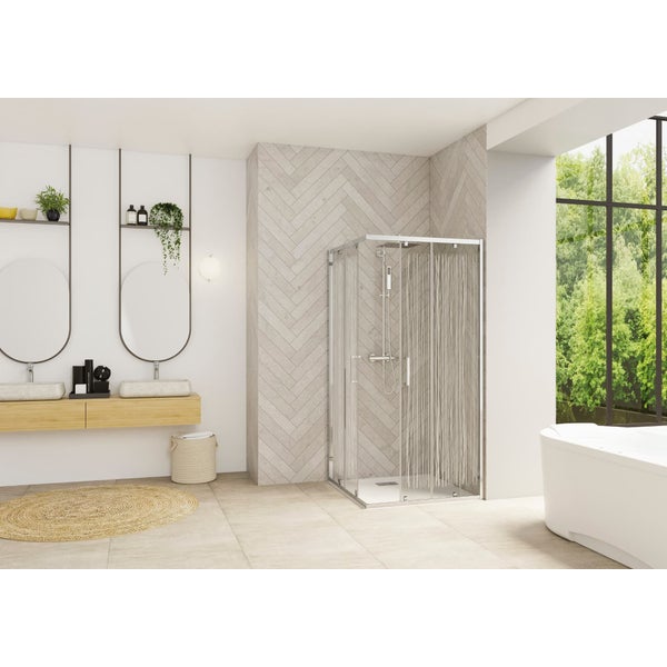 Porte de douche coulissante d'angle côté gauche (à coupler avec côté droit) SMART Design largeur 85 cm hauteur 2,05m profilé chromé bandes verticales 0