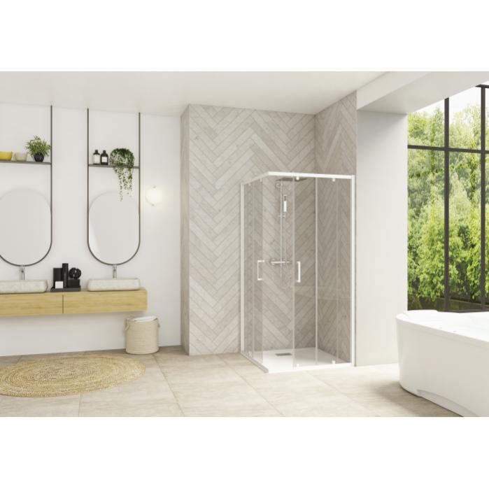 Porte de douche d'angle SMART Design coulissant 80 profile blanc verre transparent droite