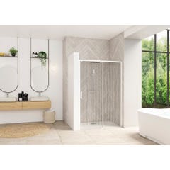 Porte de douche coulissante SMART Design sans seuil normes PMR largeur 1,30m hauteur 2,05m profilé blanc verre sérigraphié bandes verticales droite