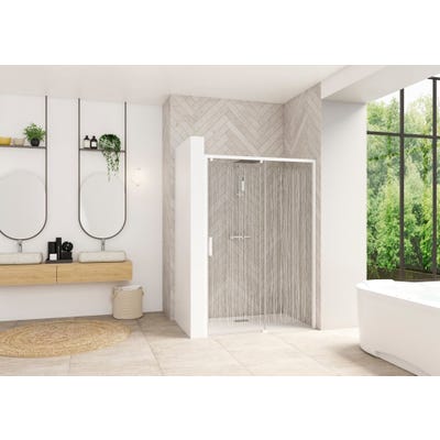 Porte de douche coulissante SMART Design sans seuil normes PMR largeur 1,30m hauteur 2,05m profilé blanc verre sérigraphié bandes verticales droite 0