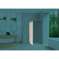 Paroi de douche fixe SMART Design largeur 90 cm hauteur 2,05m montage en angle avec porte pivotante profilé chromé sérig. bandes verticales