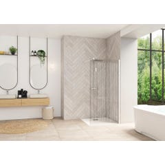 Paroi de douche fixe avec barre de renfort haute SMART Design solo largeur 1,30m hauteur 1,98m profilé blanc verre serigraphié bandes verticales