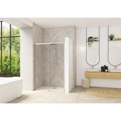 Porte de douche coulissante SMART Design sans seuil normes PMR largeur 1,10m hauteur 2,05m profilé chromé verre transparent gauche