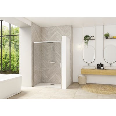 Porte de douche coulissante SMART Design sans seuil normes PMR largeur 1,10m hauteur 2,05m profilé chromé verre transparent gauche 0