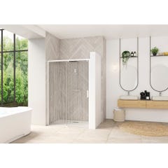 Porte de douche coulissante SMART Design sans seuil normes PMR largeur 1,80m hauteur 2,05m profilé blanc verre sérigraphié bandes verticales gauche