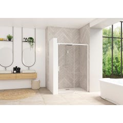 Porte de douche coulissante SMART Design sans seuil normes PMR largeur 1,80m hauteur 2,05m profilé blanc verre transparent droite