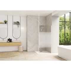 Paroi de douche fixe SMART Design solo largeur 80 cm hauteur 1,98m profilé blanc verre sérigraphié bandes verticales renfort Mât sol/plafond
