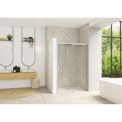 Porte de douche coulissante SMART Design sans seuil normes PMR largeur 95 cm hauteur 2,05m profilé chromé verre sérigraphié bandes verticales droite