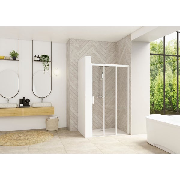 Porte de douche 2 coulissants (à coupler avec paroi fixe) SMART Design 90 cm hauteur 2,05m profilé blanc verre transparent fixe droite 0