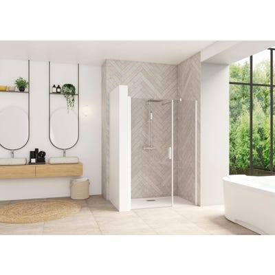 Porte de douche battante largeur 1,30m hauteur 2,05m avec paroi fixe SMART Design sans seuil (conforme PMR) profilé blanc verre transparent 0