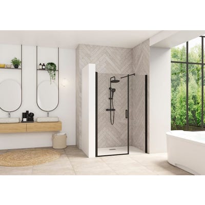 Porte de douche battante largeur 1,40m hauteur 2,05m avec paroi fixe SMART Design sans seuil (conforme PMR) profilé noir verre transparent 0