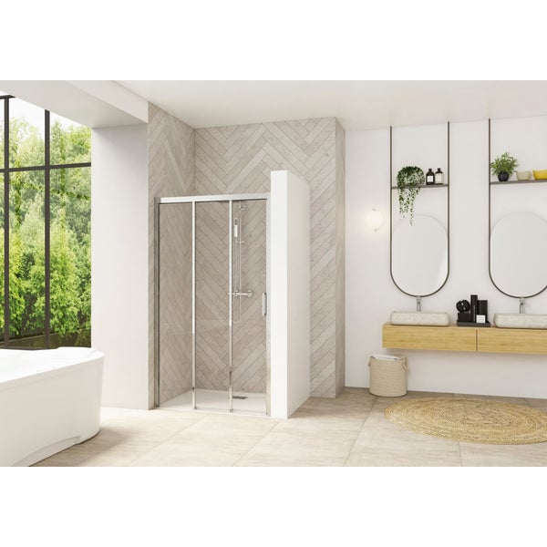 Porte de douche 2 coulissants (à coupler avec paroi fixe) SMART Design 130 cm hauteur 2,05m profilé chromé verre transparent fixe à gauche 0