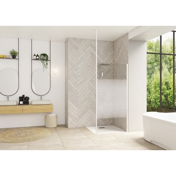 Paroi de douche fixe SMART Design solo largeur 95 cm hauteur 1,98m profilé blanc verre transparent renfort Mât sol/plafond 0