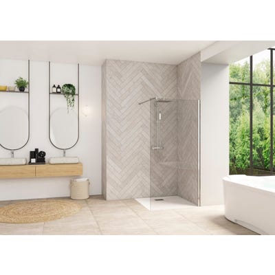 Paroi de douche fixe avec barre de renfort haute SMART Design solo largeur 1,40m hauteur 1,98m profilé chromé verre transparent 0