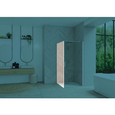 Paroi de douche fixe SMART Design largeur 85 cm hauteur 2,05m montage en angle avec porte pivotante profilé blanc verre transparent 0