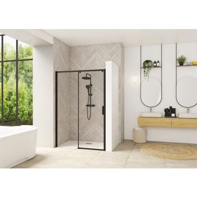 Porte de douche coulissante SMART Design sans seuil normes PMR largeur 1,70m hauteur 2,05m profilé noir verre transparent gauche 0