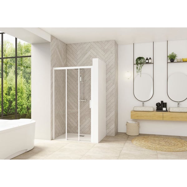 Porte de douche 2 coulissants (à coupler avec paroi fixe) SMART Design 1,00m hauteur 2,05m profilé blanc verre transparent fixe à gauche 0