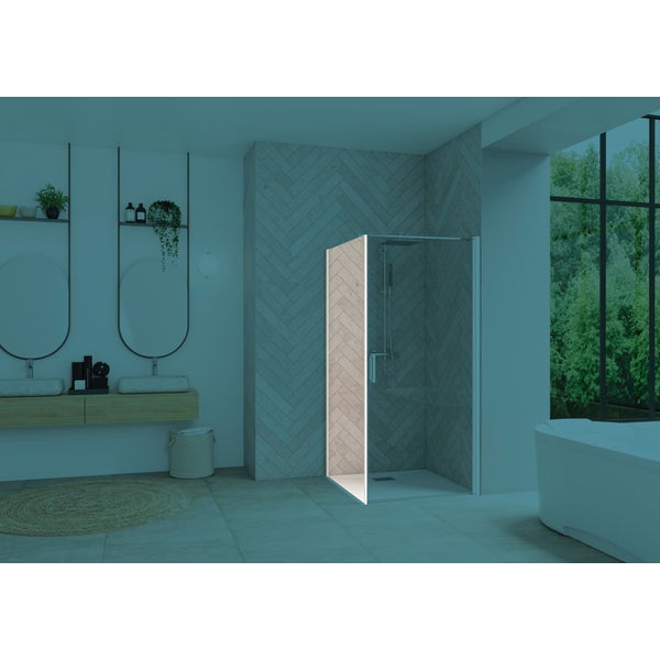 Paroi de douche fixe SMART Design largeur 95 cm hauteur 2,05m montage en angle avec porte pivotante profilé blanc verre transparent 0