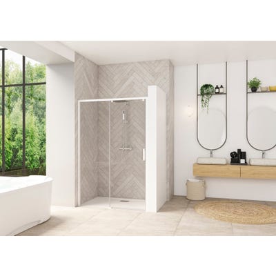 Porte de douche coulissante SMART Design sans seuil normes PMR largeur 1,70m hauteur 2,05m profilé blanc verre transparent gauche 0