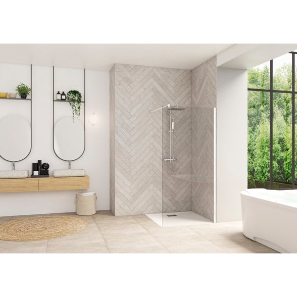 Paroi de douche fixe avec barre de renfort haute SMART Design solo largeur 75 cm hauteur 1,98m profilé blanc verre transparent 0