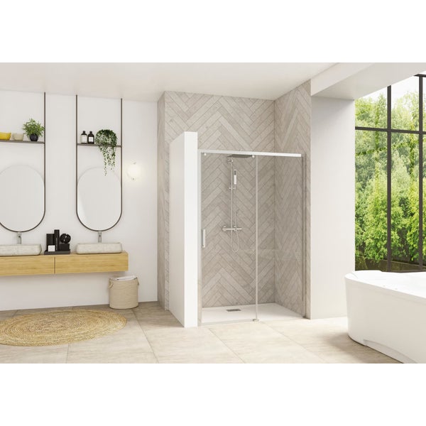 Porte de douche coulissante SMART Design sans seuil normes PMR largeur 1,20m hauteur 2,05m profilé chromé verre transparent droite 0