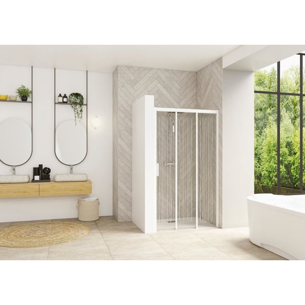 Porte de douche 2 coulissants (à coupler avec paroi fixe) SMART Design 85 cm hauteur 2,05m profilé blanc verre sérigraphie verticale fixe droite 0