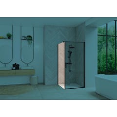Paroi de douche fixe SMART Design largeur 80 cm hauteur 2,05m montage en angle avec porte pivotante profilé noir verre transparent