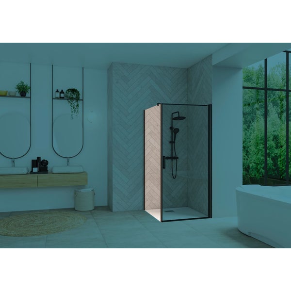Paroi de douche fixe SMART Design largeur 80 cm hauteur 2,05m montage en angle avec porte pivotante profilé noir verre transparent 0