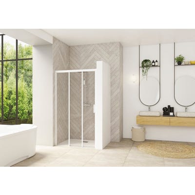 Porte de douche 2 coulissants (à coupler avec paroi fixe) SMART Design 90 cm hauteur 2,05m profilé blanc verre transparent fixe à gauche 0