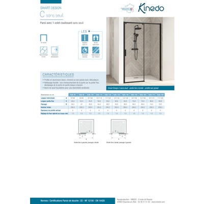 Porte de douche coulissante SMART Design sans seuil normes PMR largeur 95 cm hauteur 2,05m profilé blanc verre transparent gauche 1