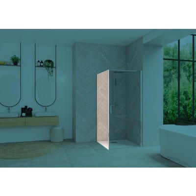Paroi de douche fixe SMART Design largeur 75 cm hauteur 2,05m montage en angle avec porte pivotante profilé chromé verre transparent 0