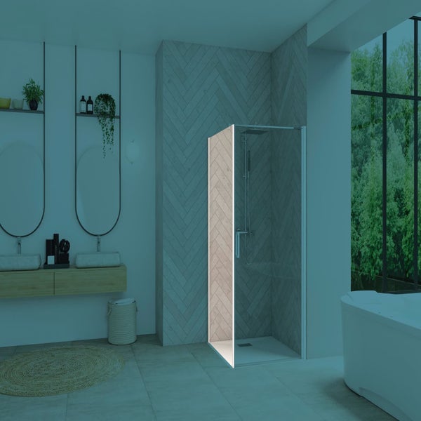 Paroi de douche fixe SMART Design largeur 90 cm hauteur 2,05m montage en angle avec porte pivotante profilé blanc verre transparent 0