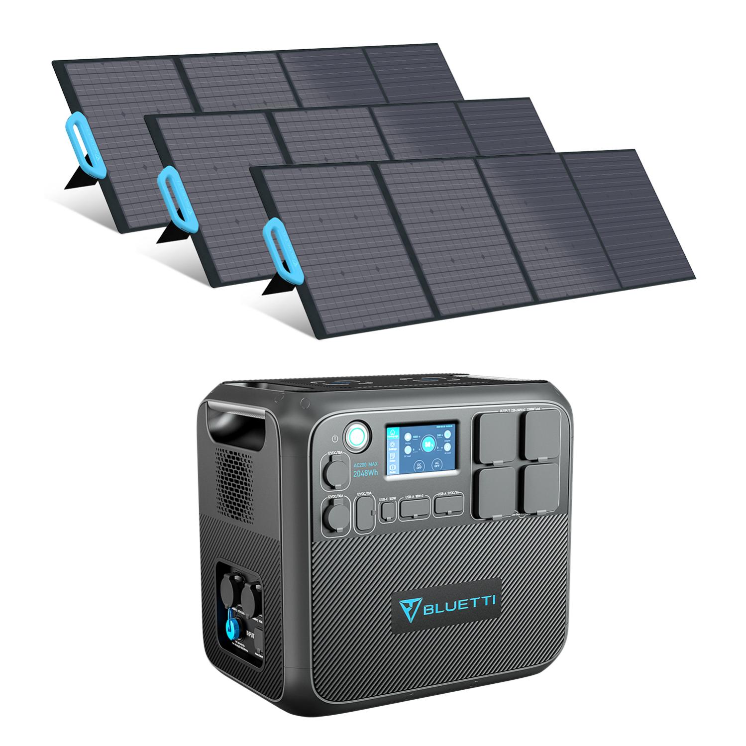 Kit complet de générateur solaire BLUETTI AC200MAX + 3xPV200 Station énergie 2200W/2048Wh avec 3 pcs panneaux solaires 200W