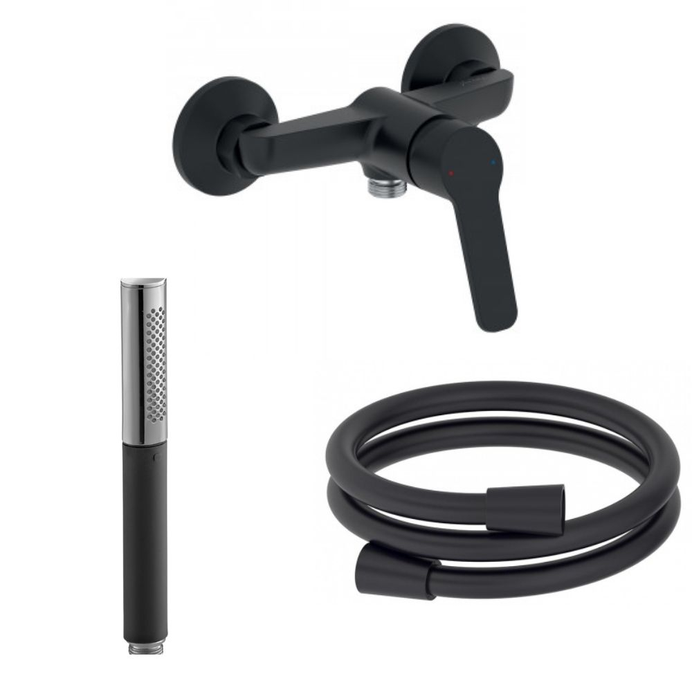JACOB DELAFON Mitigeur de douche Aimé black + Douchette à main Jacob Delafon stick Shift Ellipse, noir et chrome + Flexible lisse anti-torsion 1600 mm