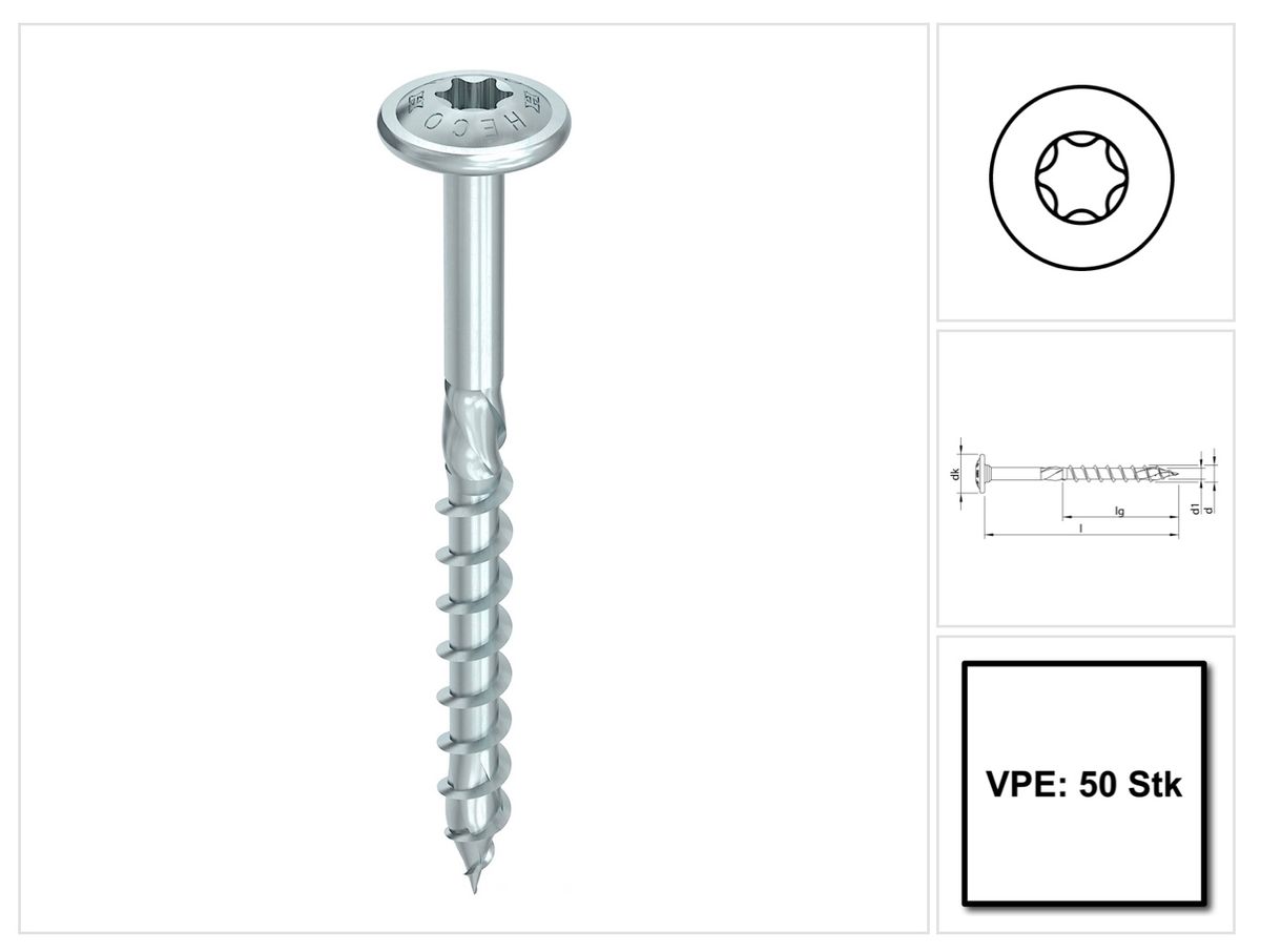 HECO TOPIX plus Vis à bois professionnelle 8,0 x 180 mm, Filetage partiel , Tête ronde large, T-Drive, Galvanisé bleu, A3K, 50pcs. ( 61306 )