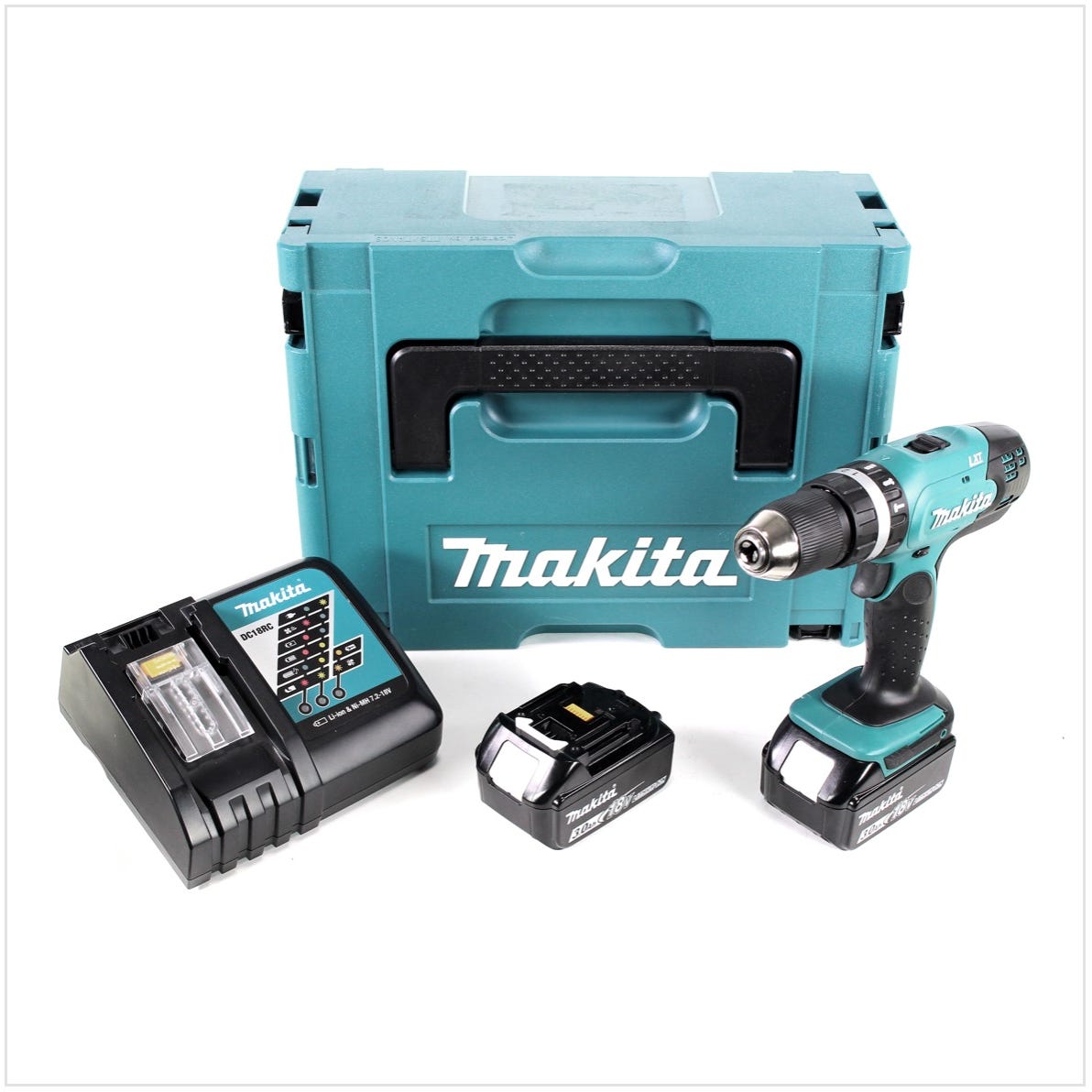 Makita DHP 453 RFJ 18 V Perceuse visseuse à percussion sans fil avec boîtier Makpac + 2x Batteries BL 1830 3,0 Ah + Chargeur DC18RC 0