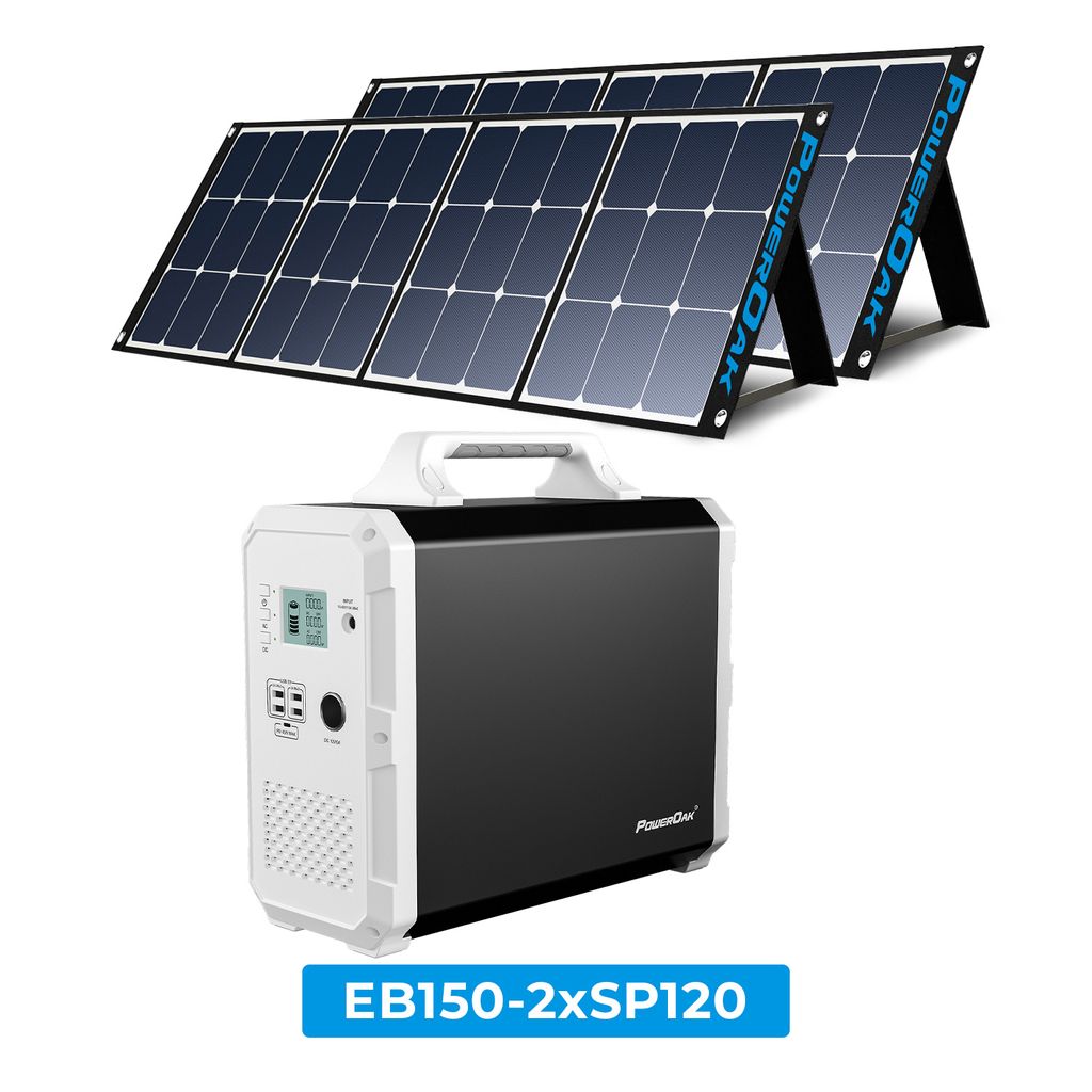 PowerOak BLUETTI EB150 NOIR Kit de Station énergie portable 1500Wh/1000W avec 2xSP120 panneaux solaires monocristallins 120W chacun