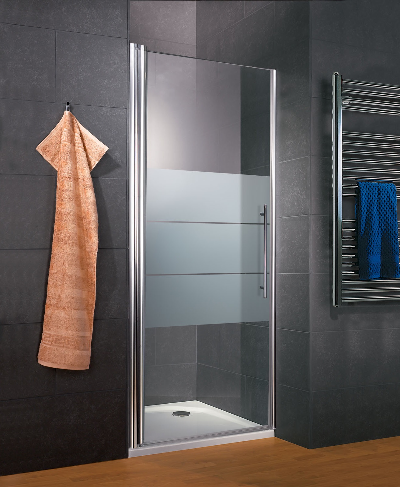 Porte de douche pivotante, 80 x 192 cm, verre 5mm anticalcaire, sérigraphie dépoli light, style industriel, profilé aspect chromé, SCHULTE