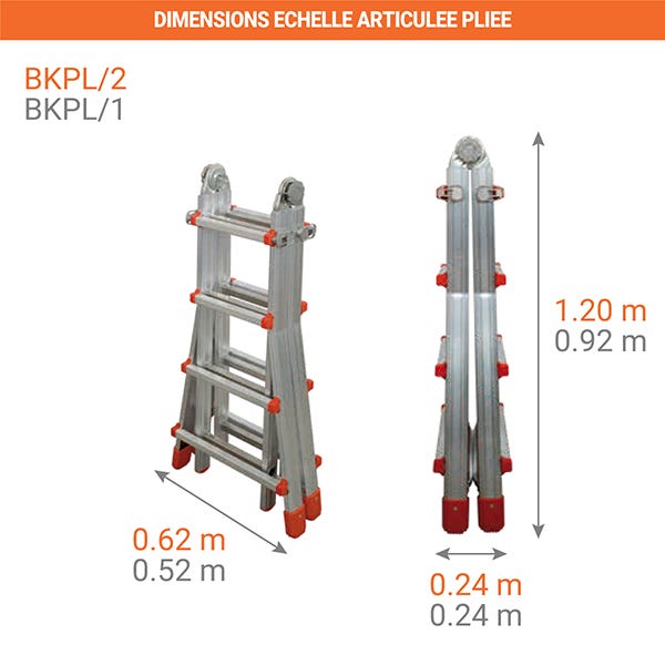 Echelle transformable 2 plans - Longueur 4m / pliée 1,2m - Hauteur escabeau 1,98m - BKPL/2/BR 3