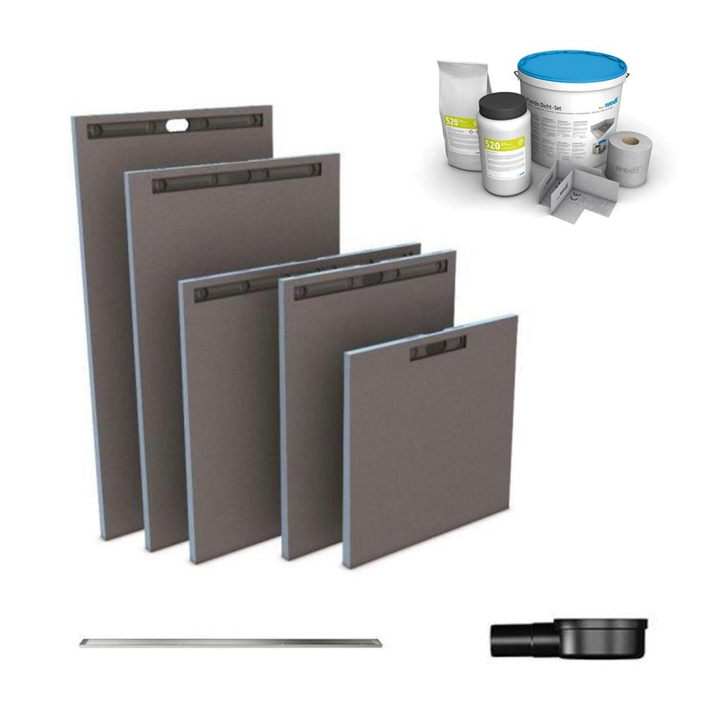 WEDI Receveur à carreler Fundo Riolito Neo avec barrette de finition inox, écoulement horizontal et kit d étanchéité, 140 x 90, ecoulement horizontal
